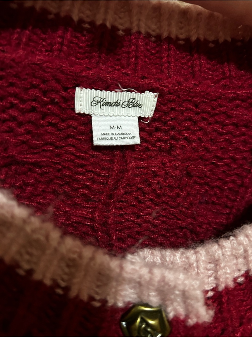 Kimchi Blue Maroon Cable-Knit Cardigan with Pink Trim and Rose Buttons - Picture 3 of 6